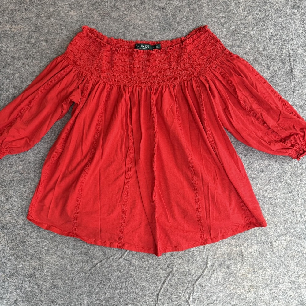 Lauren Ralph Lauren Shirt‎ Womens 2X Red Off Shoulder Smocked Peasant 3/4 Sleeve